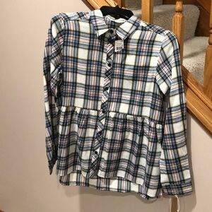 Vanilla Star. Juniors Medium. Peplum flannel shirt. NWT. Blue/pink/ivory